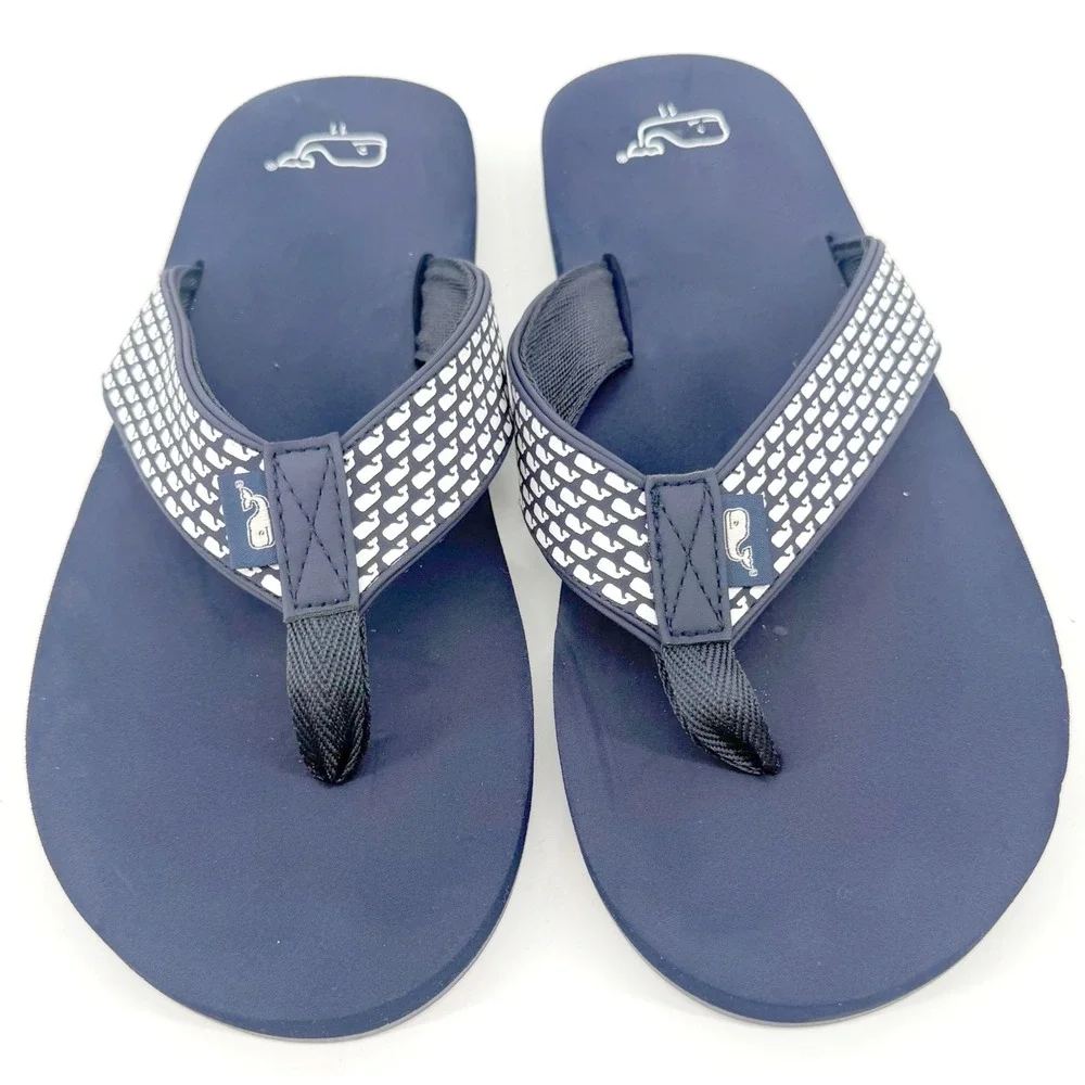 Vineyard Vines Flip Flop Sandals Mens 11 Navy Blue Whale Logo Resort Vacation